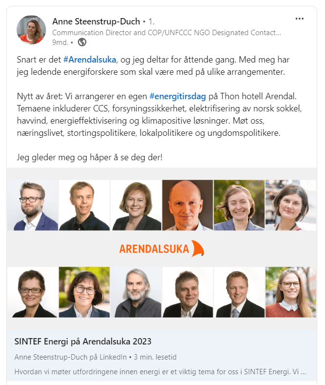 LinkedIn-innlegg med bilde av deltakere under Arendalsuka 2023